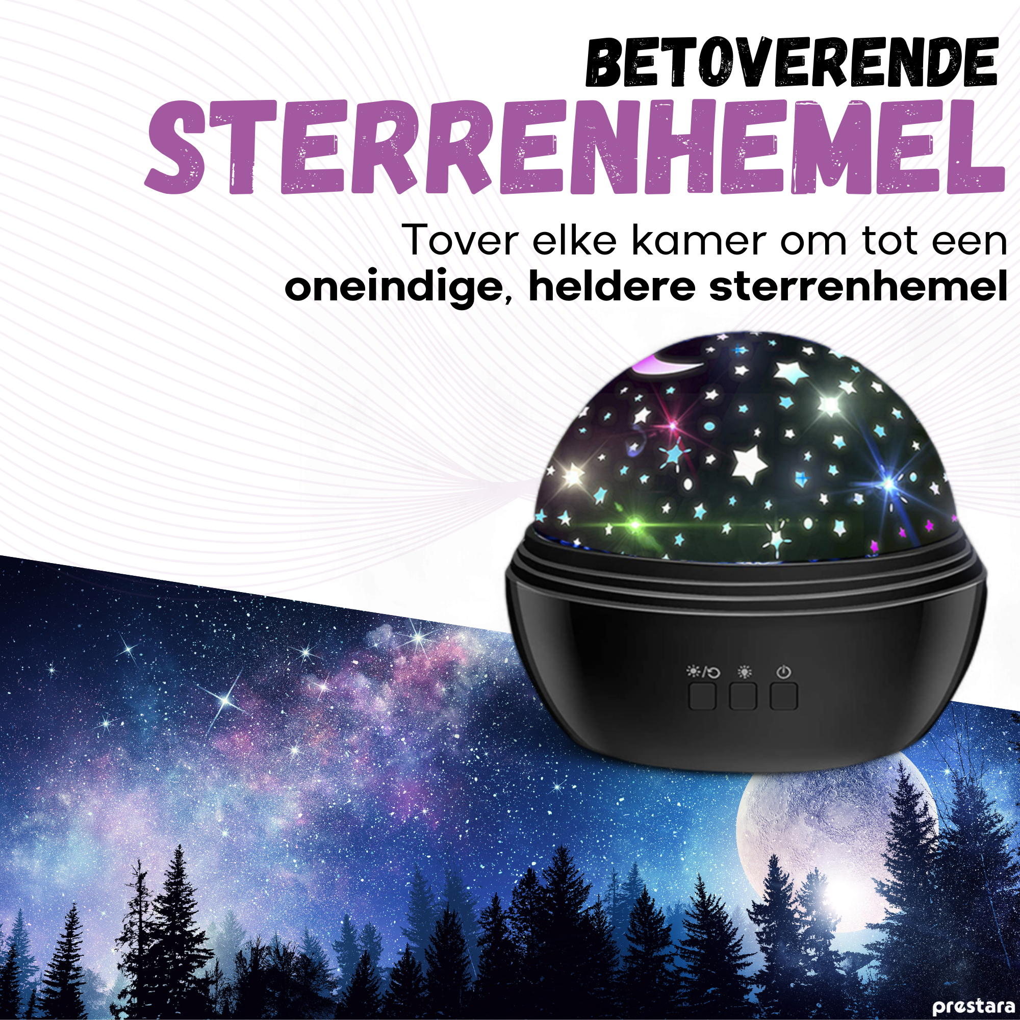 Prestara - Zwarte Sterrenprojector voor Kinderkamers - Sterrenhemel Lamp met Timer en USB-Oplaadbaar