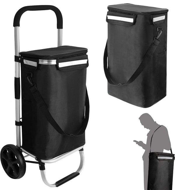 Prestara Boodschappentrolley - Opvouwbare Boodschappenkar met Koelvak - 45 kg Draagkracht - Lichtgewicht Aluminium Frame - Zwart