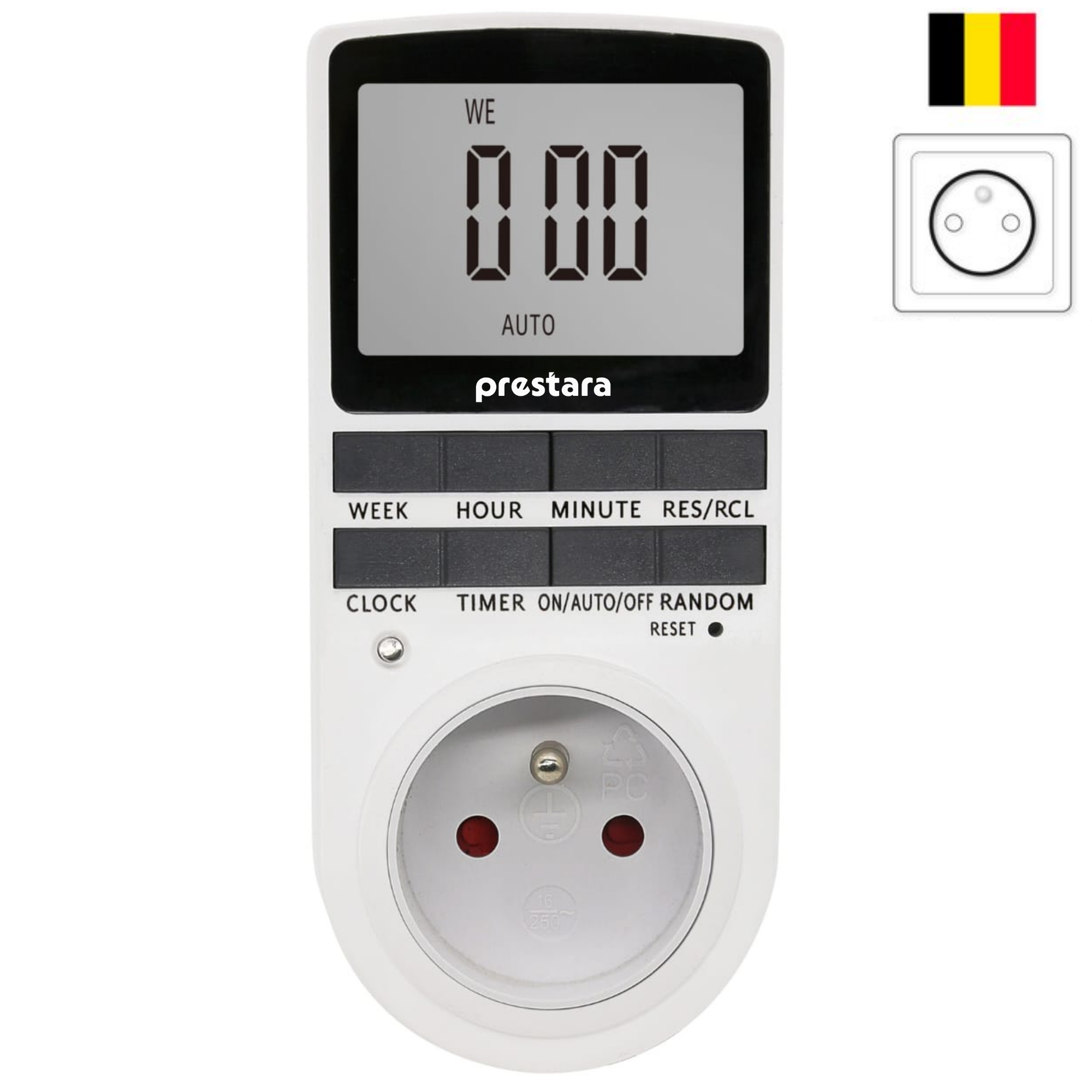 Prestara Premium Digitale Tijdschakelaar - LCD Display | Instelbaar per Minuut | Max 16A/3680W | Geschikt voor Belgische Stopcontacten