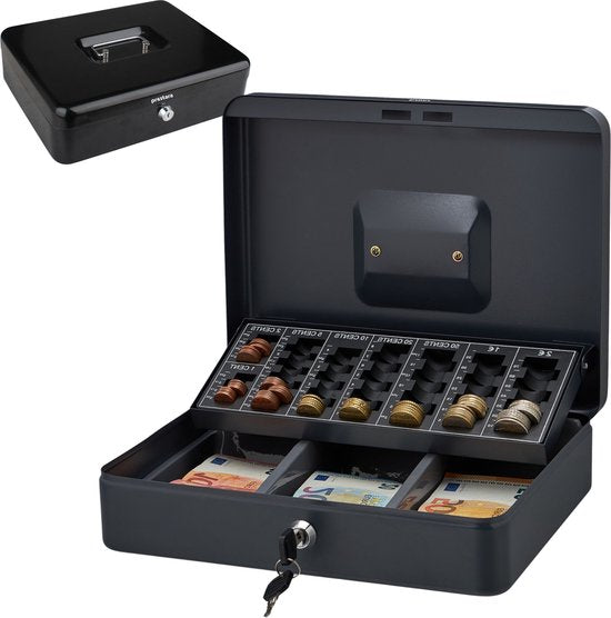 Prestara Geldkistje met Sleutels – Staal – Zwart – Muntenbakje – 30 x 24 x 9 cm – Veilig Geldkluisje