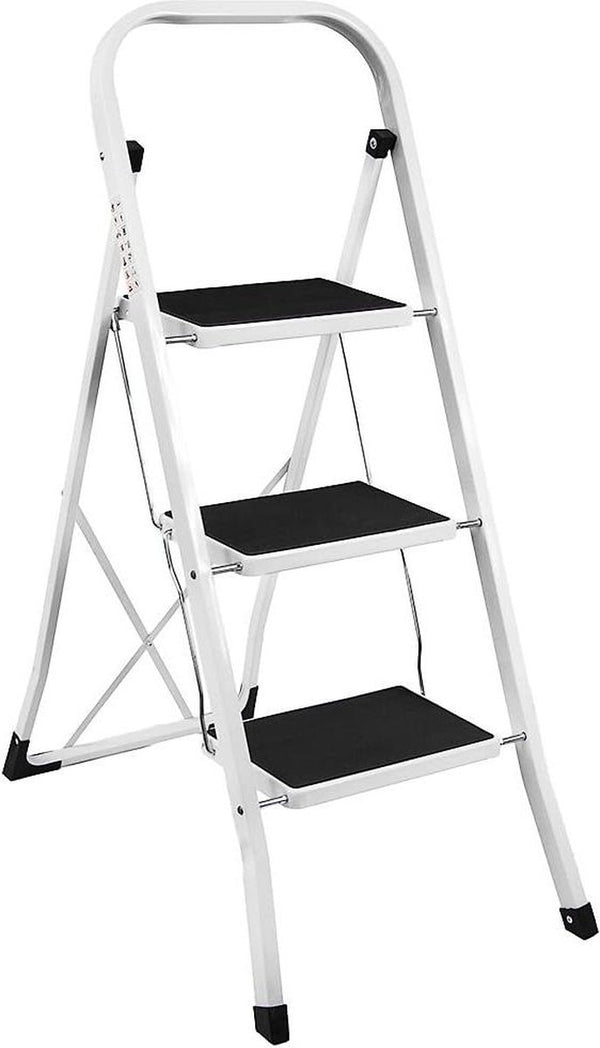 Inklapbare keukentrap - wit/zwart - 3 treden - 105 cm - huishoudtrap - opvouwbaar