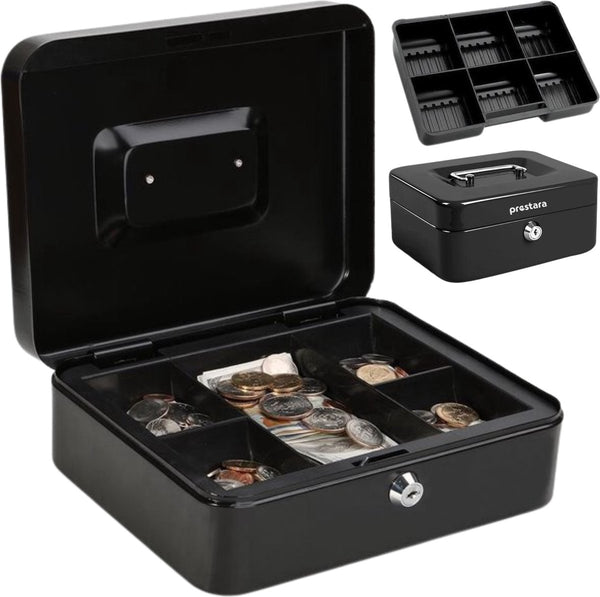 Prestara Geldkist 20 x 16 x 9 cm - Veilig Geldkistje met Sleutel - Compact en Robuust - Zwart