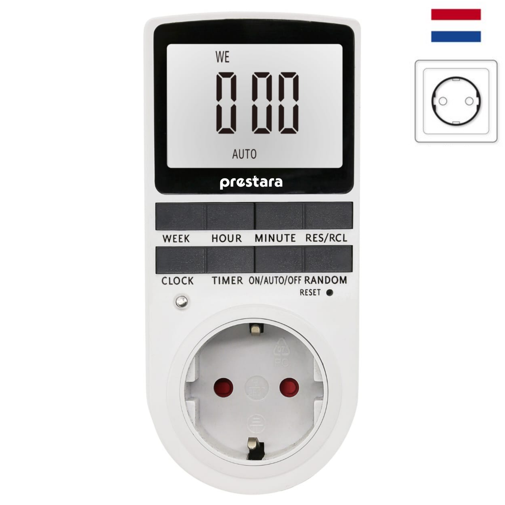 Prestara Premium Digitale Tijdschakelaar - LCD Display | Minuutnauwkeurig Instelbaar | Max 16A/3680W | Geschikt voor Nederlandse Stopcontacten