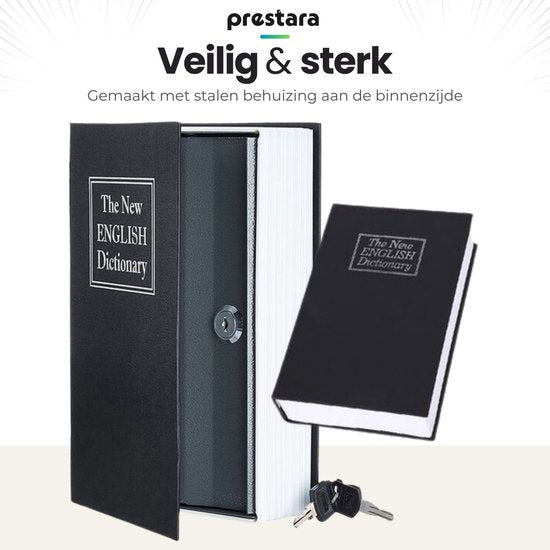 Prestara Boekkluis – Compact Kluisje in Boekvorm – 18x12x6 cm – Verborgen Kluis – Sleutelslot – Metaal – Zwart