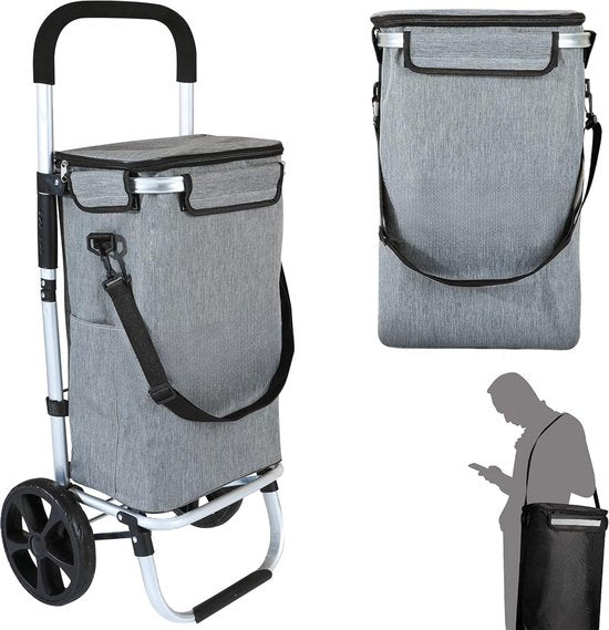 Prestara Boodschappentrolley - Opvouwbare Boodschappenkar met Koelvak - 45 kg Draagkracht - Lichtgewicht Aluminium Frame - Grijs