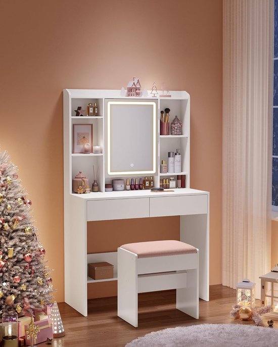 Gleza - Moderne Witte Make-up tafel met Instelbare LED Verlichting - Kaptafel met Spiegel, 2 Laden en Aanpasbare Planken - Stijlvolle Opslag voor Make-up
