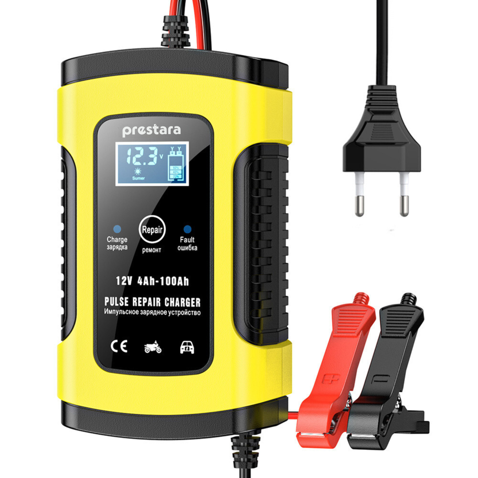 Prestara 12V Acculader voor Auto, Camper, Motor en Scooter - 4A Druppellader met Accureparatie Modus - Geschikt voor 100-240V