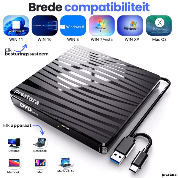 Externe DVD Speler & Brander van Prestara - USB 3.0 en USB-C Compatibel - Voor Laptop en MacBook