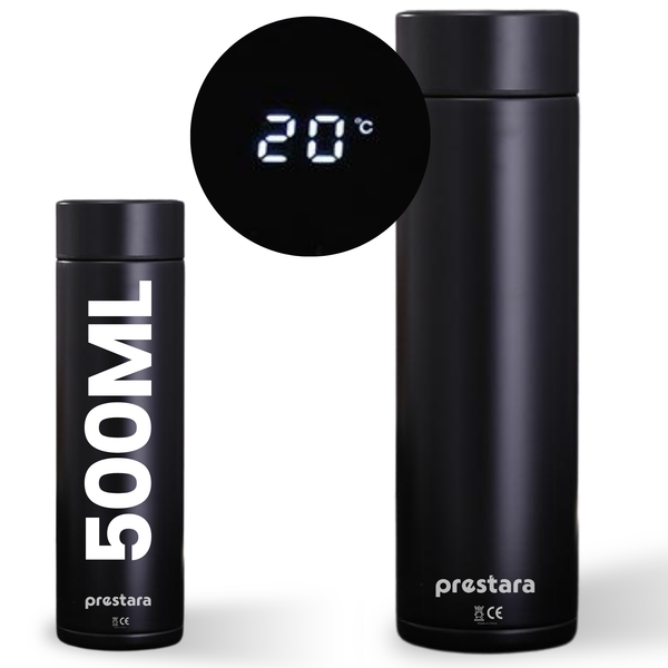 Prestara Smart RVS Thermosfles 500ml met LED Temperatuurdisplay – Lekvrij, met Filter, Ideaal voor Thee/Koffie/Babyvoeding – Zwart